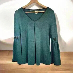 Olivia Blu Y2K Lace-up Bell sleeves Evergreen/Black‎ Heather V-Neck